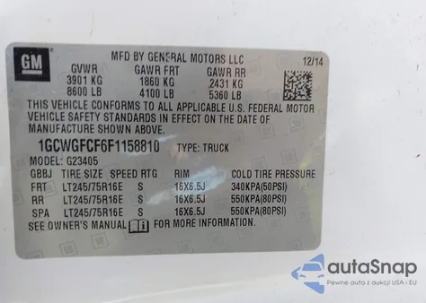 2015 Chevrolet Express 2500 Work Van from USA, damaged, VIN 1GCWGFCF6F1158810